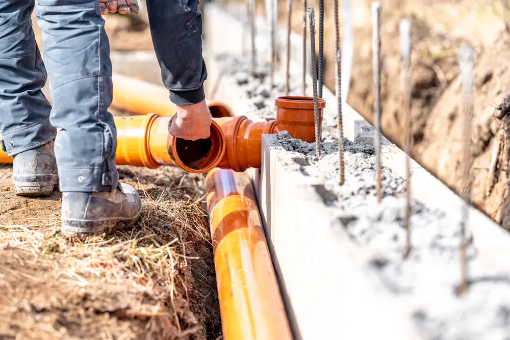 New piping laid in a trench beside a foundation